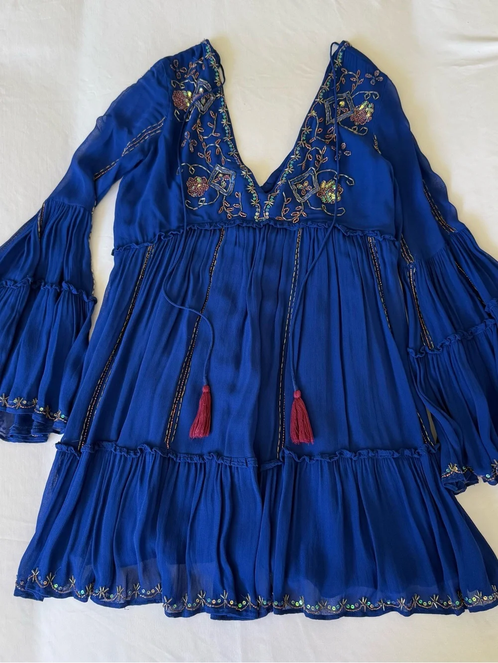Free People Rare V-Neck Embroidered Mini Dress - Royal Blue XS